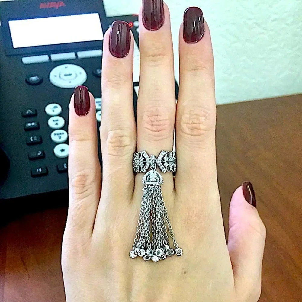 NEW WHITE GOLD PLATED CROWN TASSEL ADJUSTABLE RESIZABLE STATEMENT RING